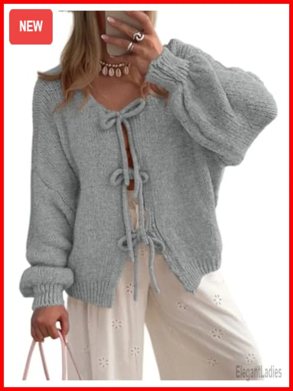 Chunky Knit Tie Front Bow Cardigan, Open Front Puff Sleeve, Cozy Long Sleeve
